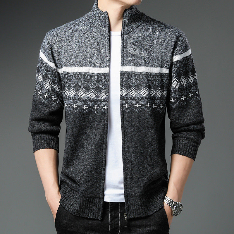 Men's Norwegian Pattern Cardigan with Full Zip and Stand-Up Collar Mune Fashion