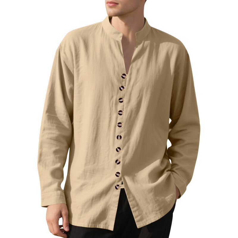 Men's casual linen shirt with Mandarin collar, continuous decorative button placket and roll-up sleeves Mune Fashion