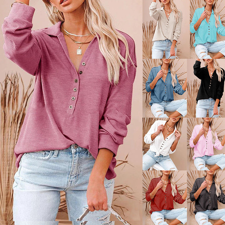 Women's casual waffle polo shirt with Henley button placket and dropped shoulder Mune Fashion