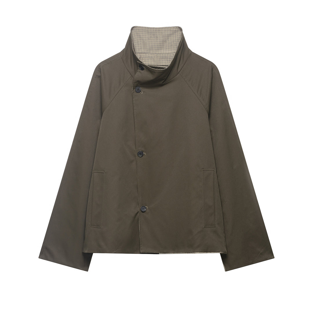 Women's short cape coat with high stand-up collar, concealed button placket and slanted pockets Mune Fashion