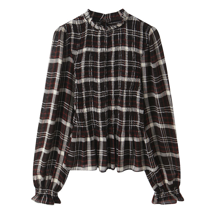 Women's Striped Blouse with Smocked Front, Stand Collar and Ruffled Hem Mune Fashion