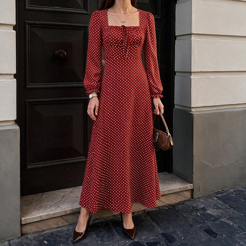 Women’s Retro Maxi Dress with Square Neckline, Ruched Bust Area and Long Sleeves Mune Fashion