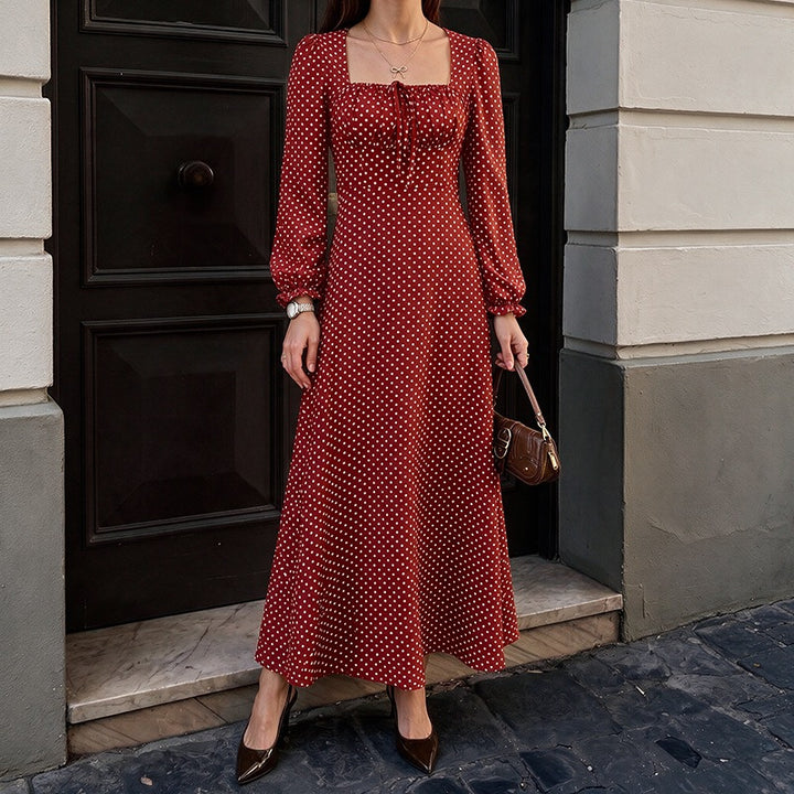 Women’s Retro Maxi Dress with Square Neckline, Ruched Bust Area and Long Sleeves Mune Fashion