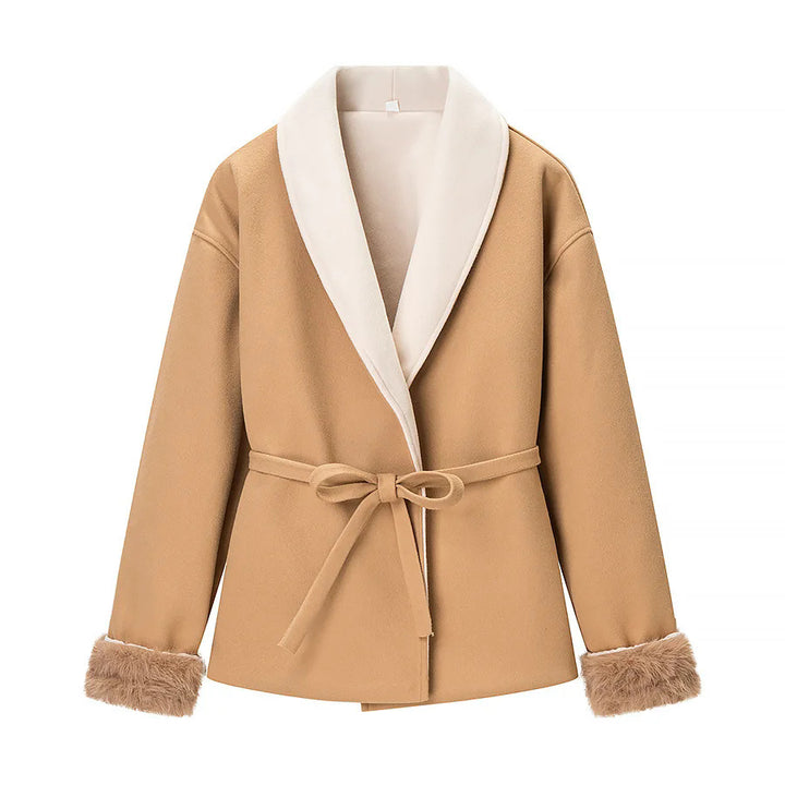 Ladies tailored short jacket with generous shawl collar, tie belt, and faux fur cuffs Mune Fashion