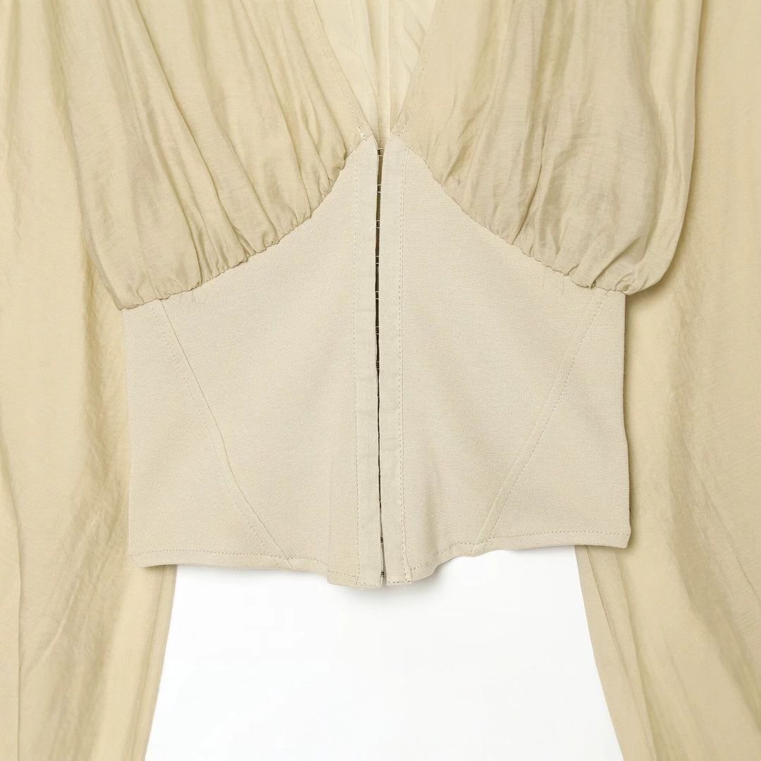 Women Short Bolero Blouson with Deep V-Neck, Gathered Yoke and Balloon Sleeves Drune