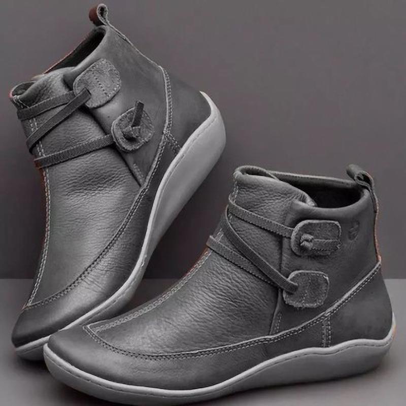 Women's ankle-high soft leather slip-on ankle boots with loop wrap straps and ergonomic rubber sole Mune Fashion
