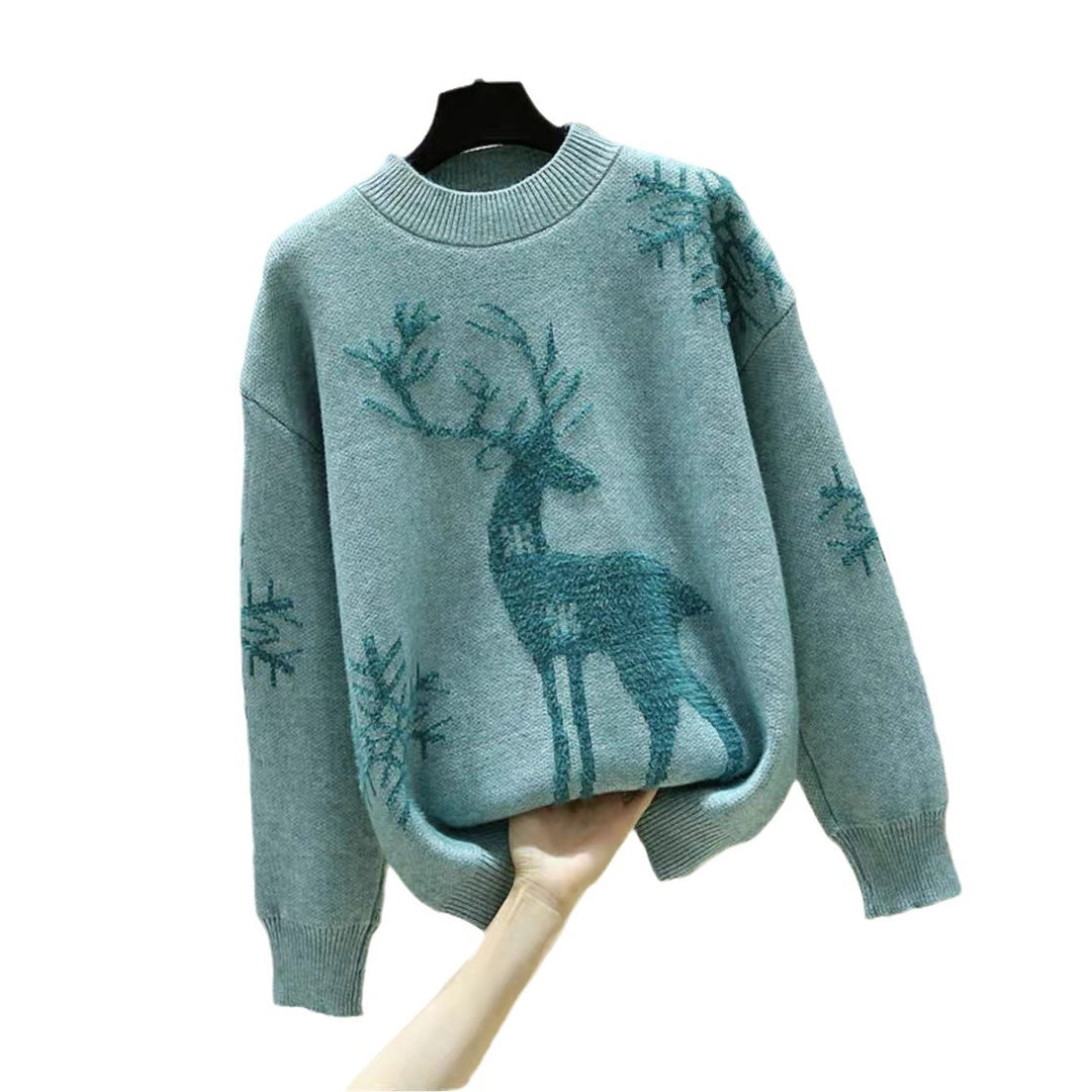 Women's Patterned Knit Sweater with Reindeer Jacquard, Round Neckline and Ribbed Hem Mune Fashion
