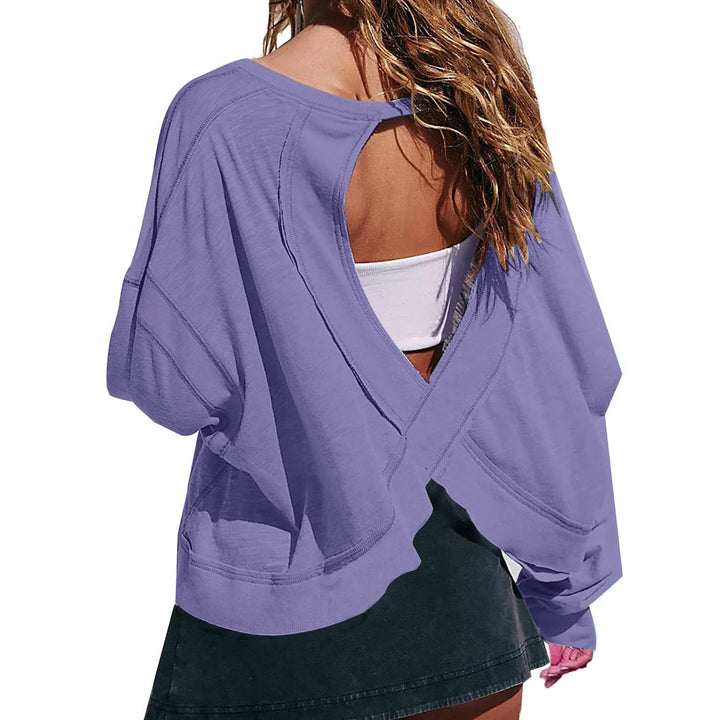 Women's cropped sweatshirt with crossover cut-out back and raw hem edges Mune Fashion