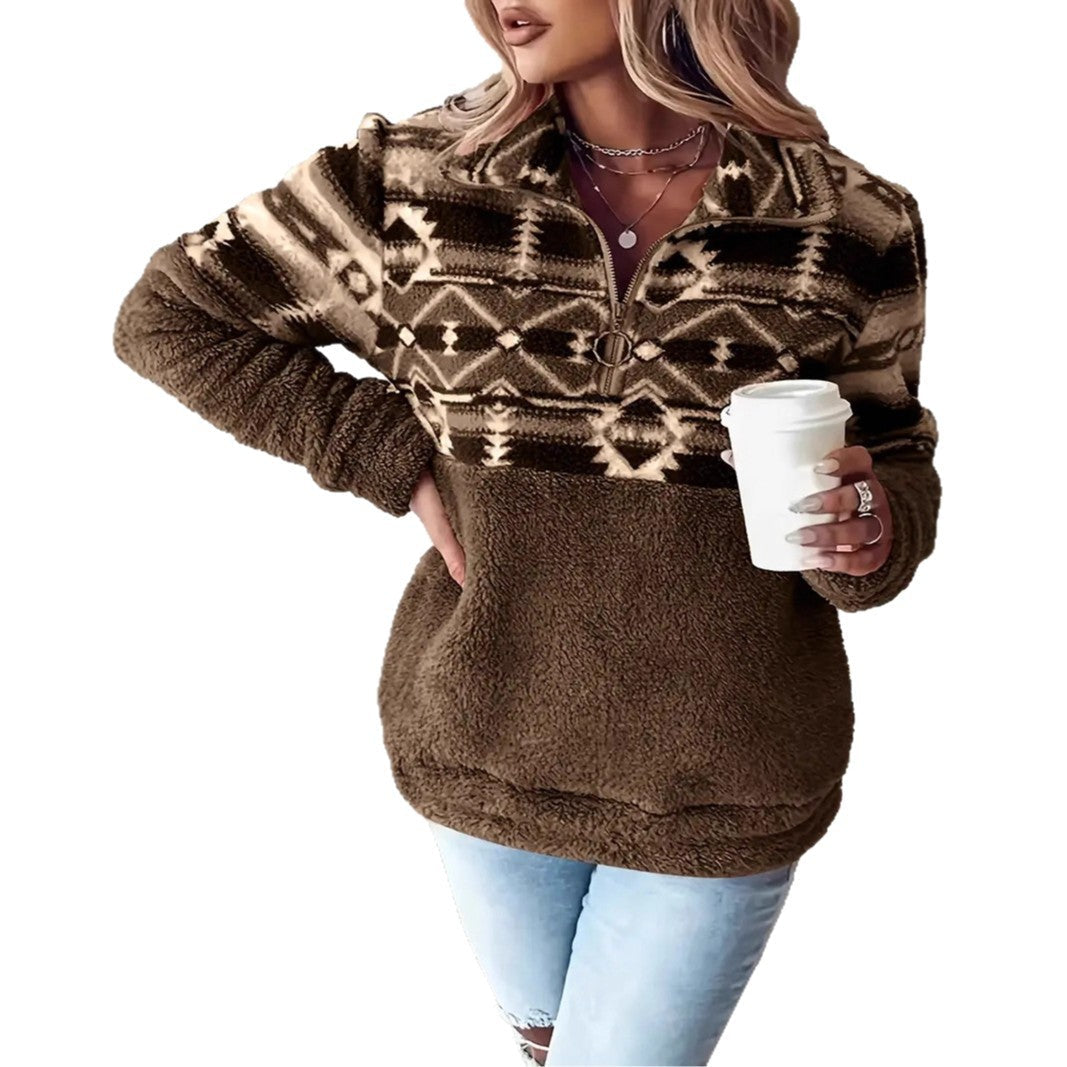 Women's Fleece Pullover with Modern Aztec Pattern and Stand-Up Collar Mune