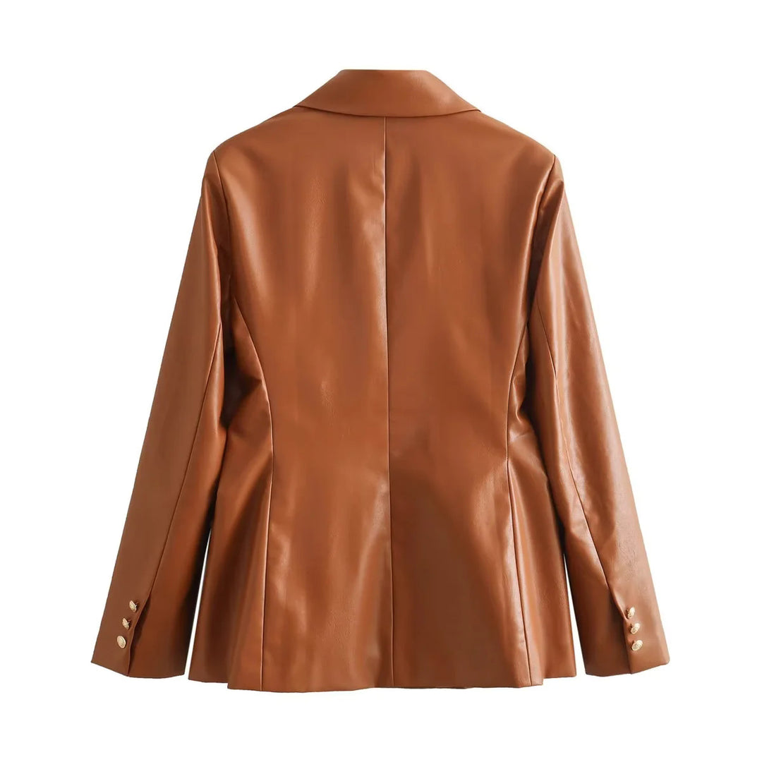 Women's tailored double-breasted blazer made of vegan leather imitation with shawl collar Mune Fashion