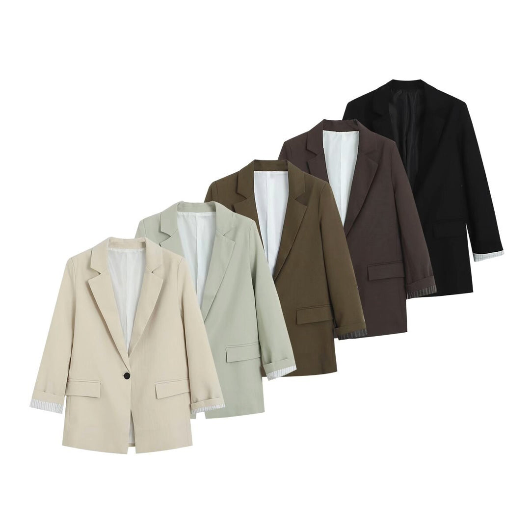 Women Longline One-Button Blazer with Cuffed Sleeves and Flap Pockets Mune Fashion