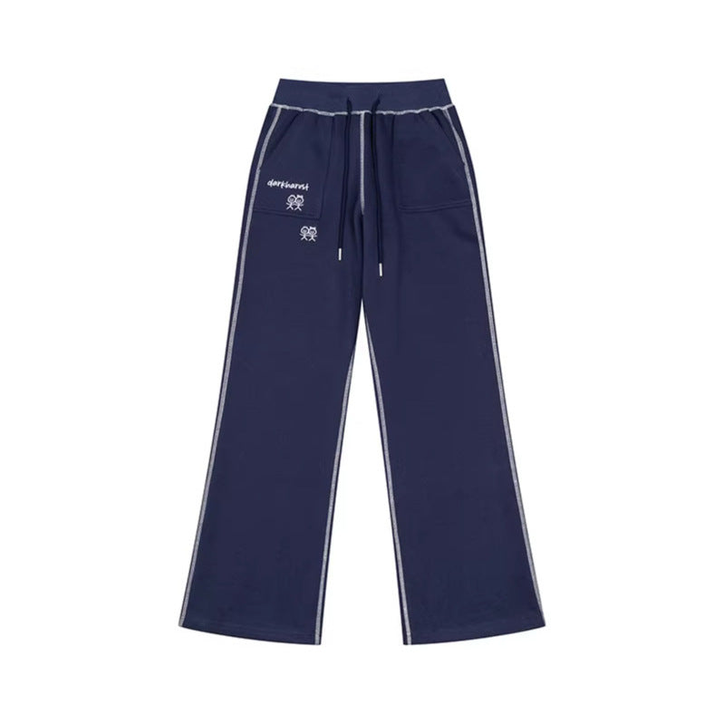 Women's Wide Lounge Pants with High Waist, Drawstring and Contrast Stitching Mune Fashion