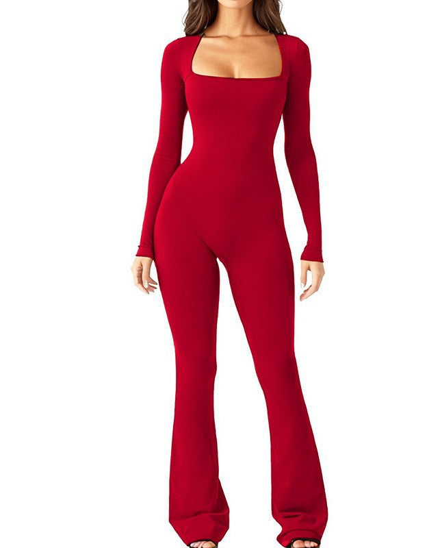 Women's form-fitting long-sleeve jumpsuit with square neckline and flared pants Mune Fashion