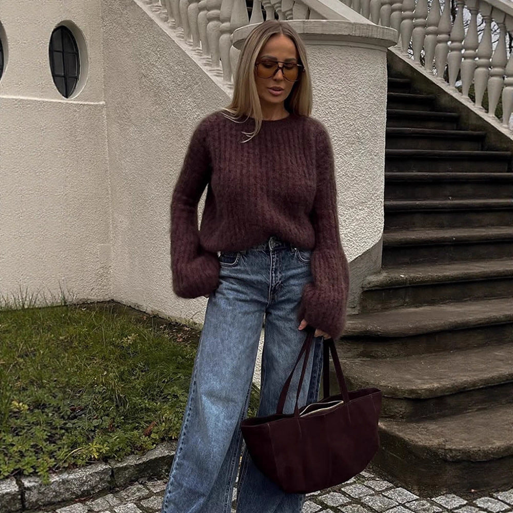 Women's Oversized Mohair Sweater with voluminous Balloon Sleeves and Fine Knit Collar Mune Fashion