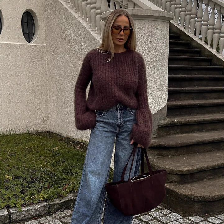 Women's Oversized Mohair Sweater with voluminous Balloon Sleeves and Fine Knit Collar Mune Fashion