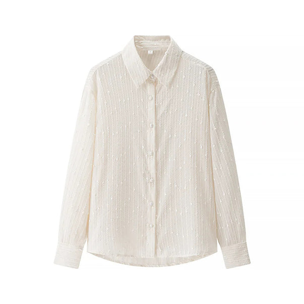 Women’s transparent chiffon blouse with fine tone-on-tone embroidery, shirt collar and full button placket Mune Fashion