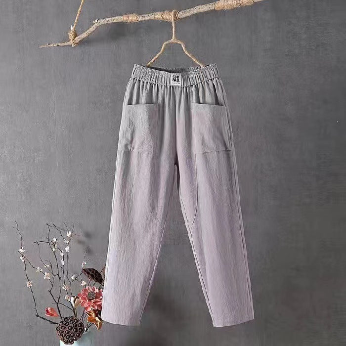 Ladies casual linen blend trousers with elastic waistband, straight leg, and large patch pockets Mune Fashion