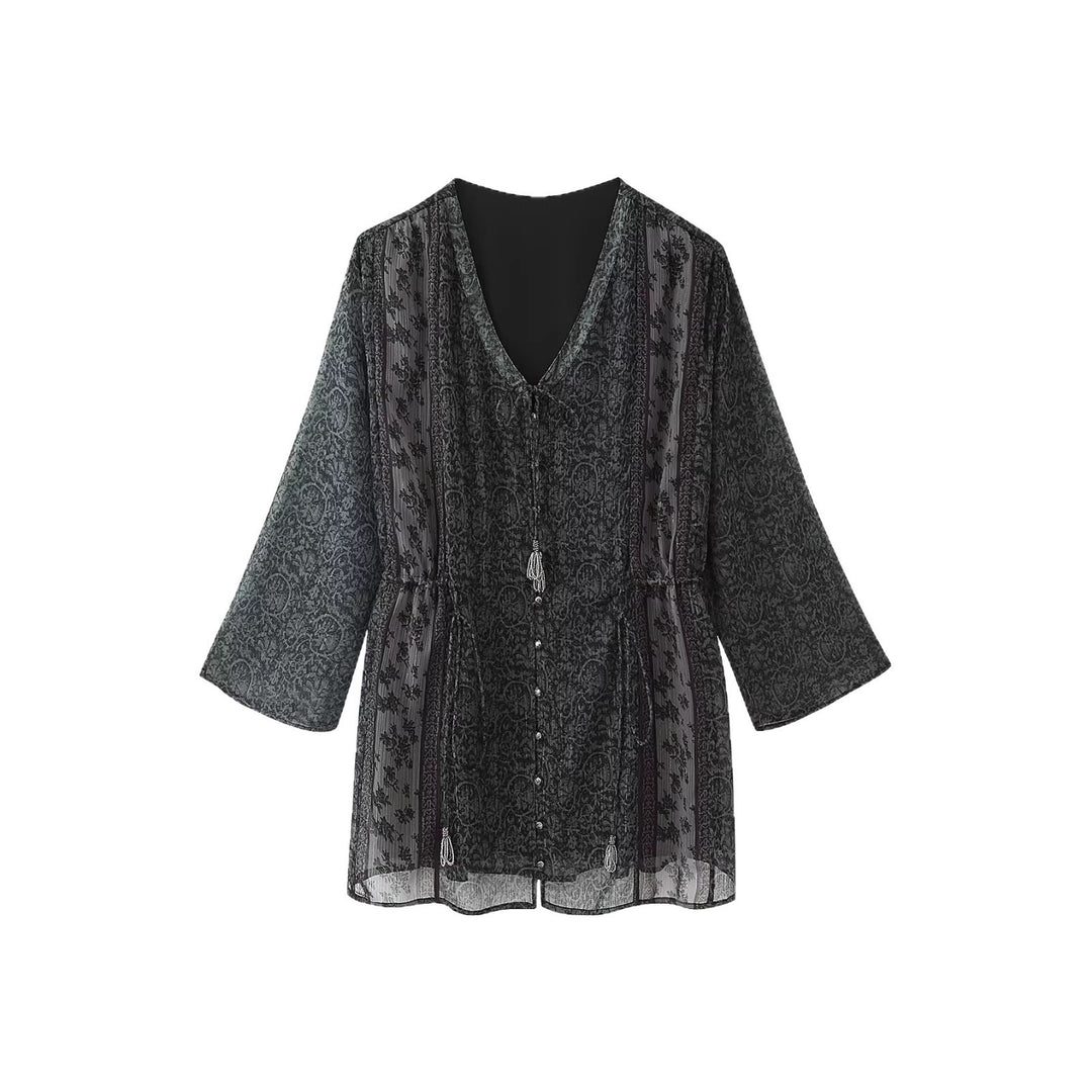 Women's Transparent Boho Tunic Dress with V-Neck, Drawstring and Tassels Mune Fashion