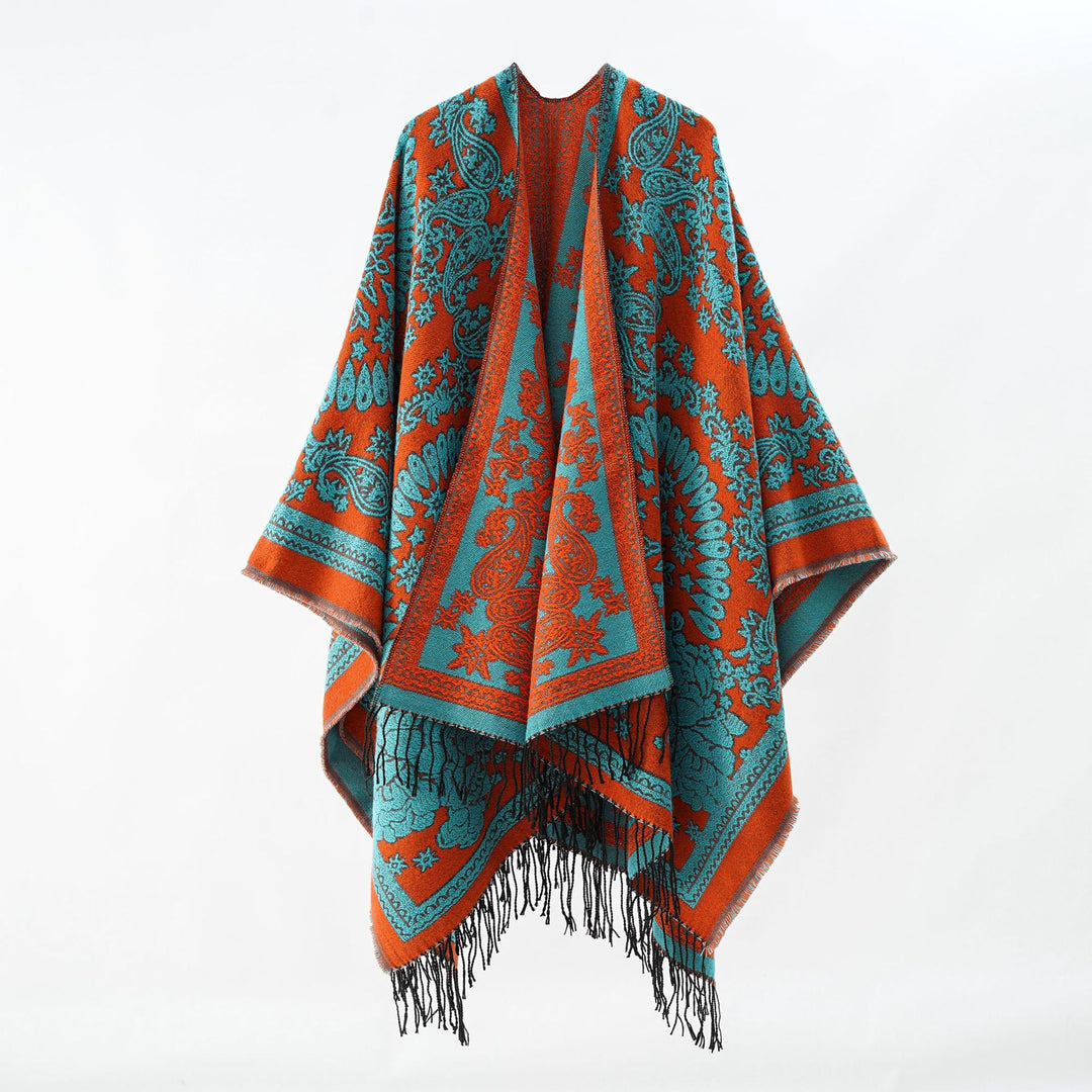 Women's jacquard poncho cape made of wool blend with double-sided paisley jacquard and fringes Mune Fashion