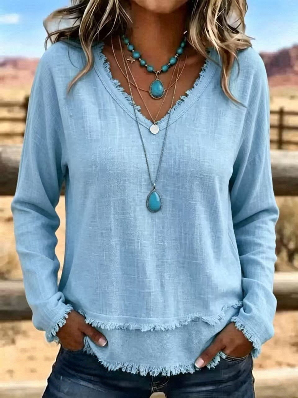 Women's Casual Long Sleeve Top with Fringes Mune Fashion