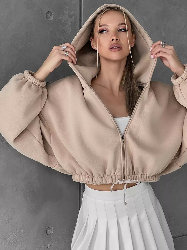 Women's short oversized hooded sweatshirt with half zip and drawstring waistband Mune Fashion