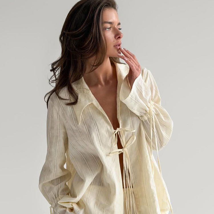 Women Loose Fitting Linen Look Blouse with Decorative Ties and Transparent Stripe Structure Mune Fashion
