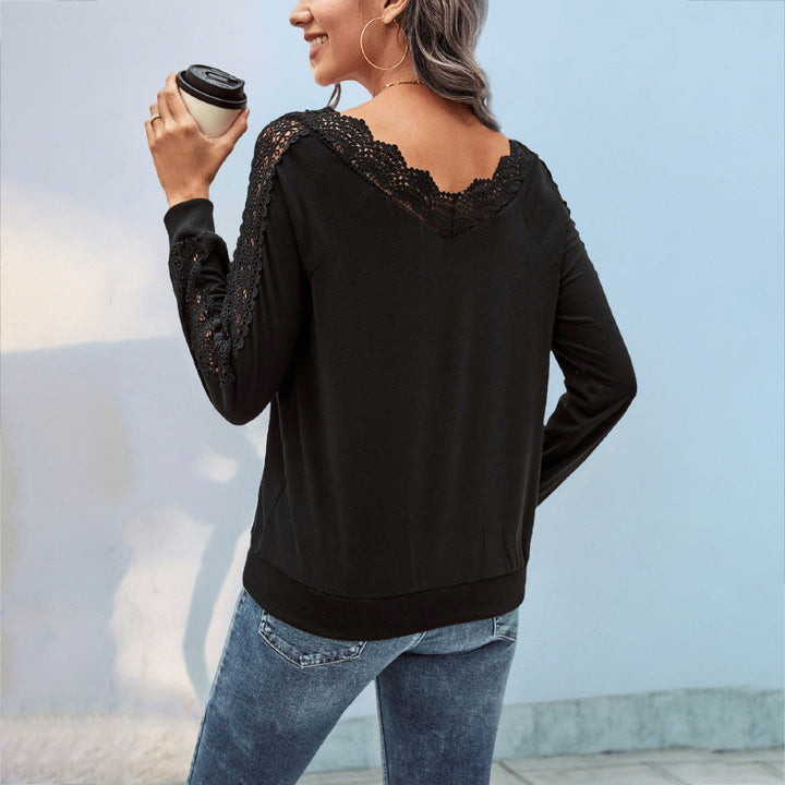 Women's fine knit long sleeve with lace V-neck and lace trim on the sleeves Mune Fashion