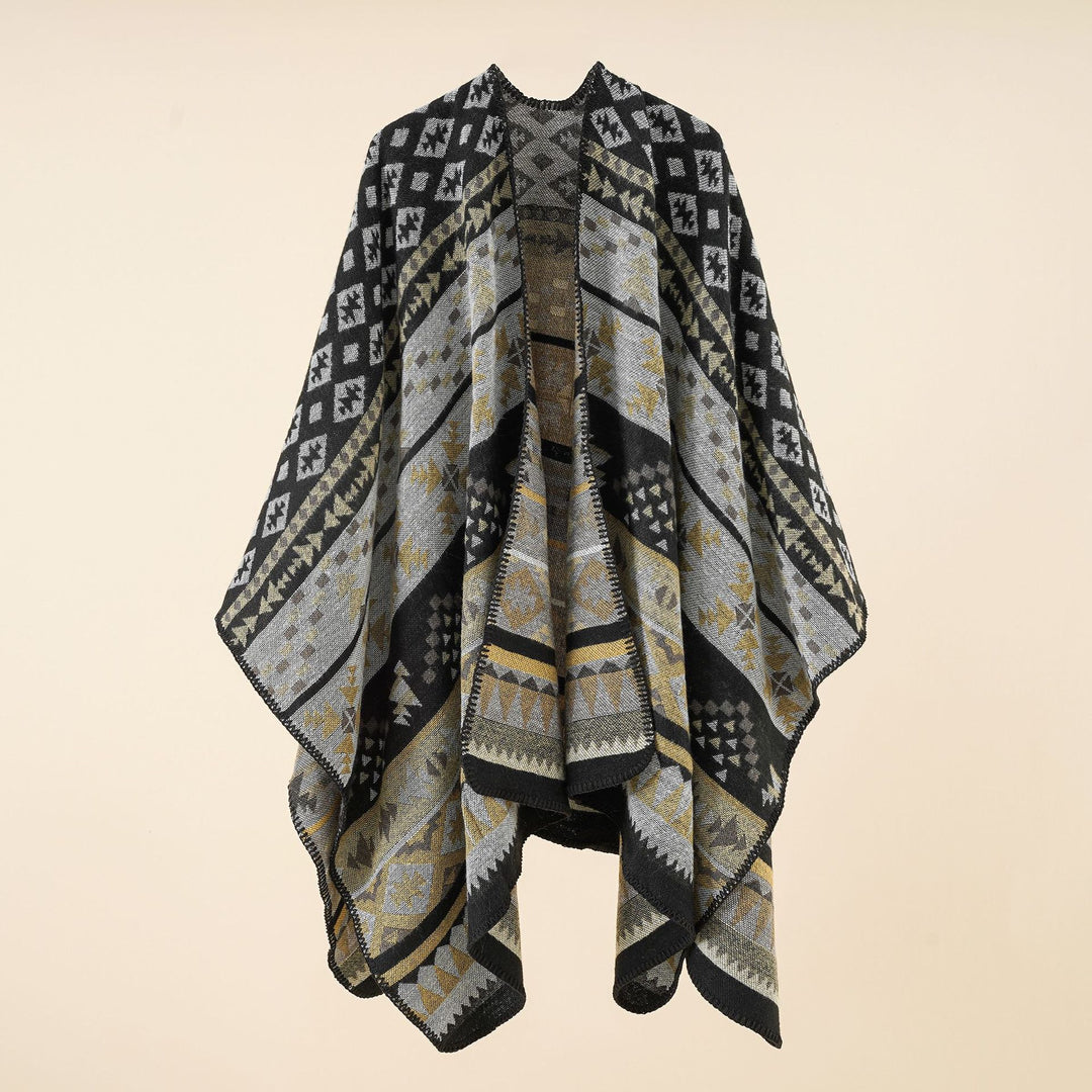 Women's coarse woven ethnic poncho with fringes Mune Fashion