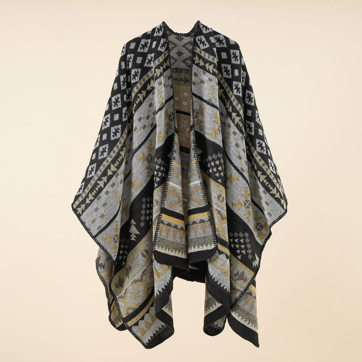 Women's coarse woven ethnic poncho with fringes Mune Fashion