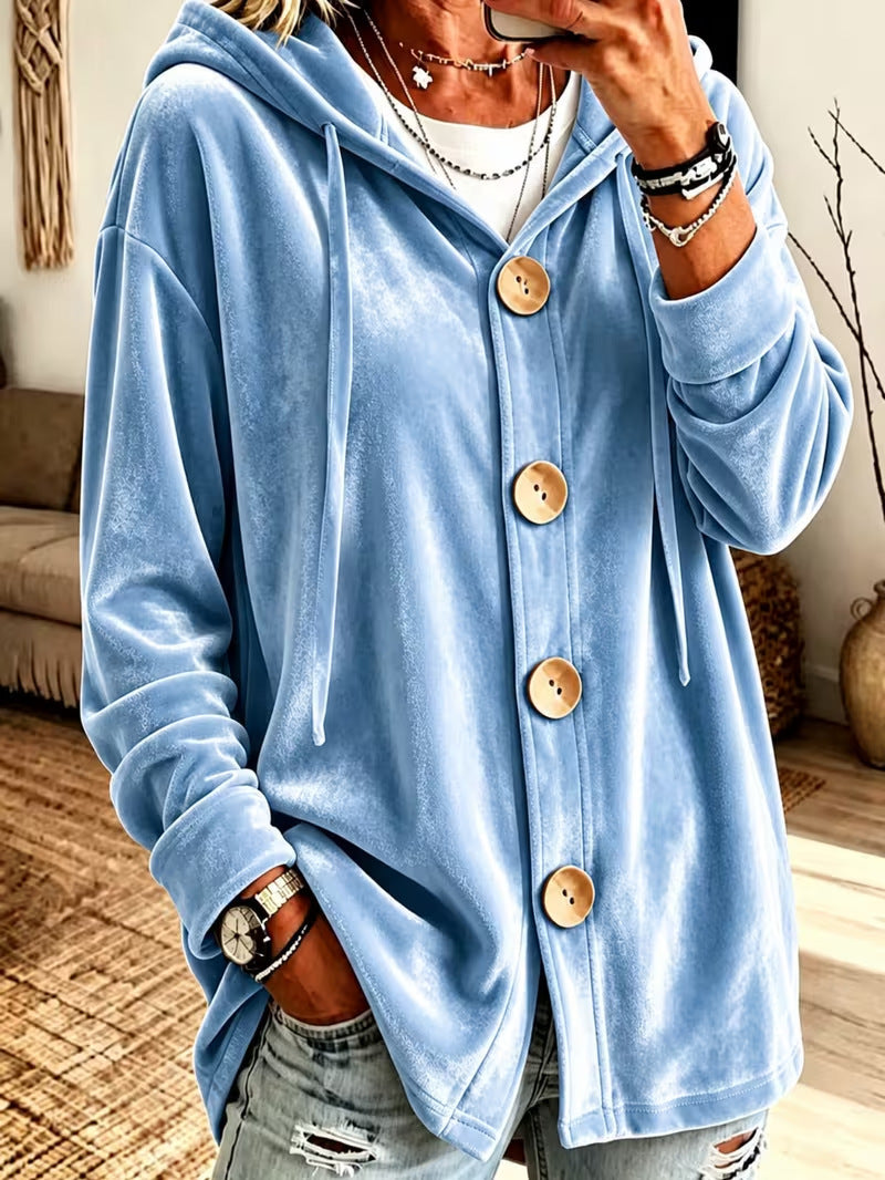 Women's Oversize Hooded Velvet Jacket with Large Wooden Buttons and Soft Velour Lining Mune Fashion