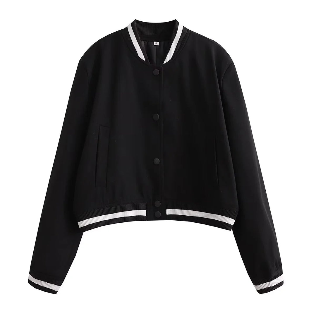Women's Cropped College Bomber Jacket with Striped Ribbed Cuffs and Snap Button Closure Mune Fashion