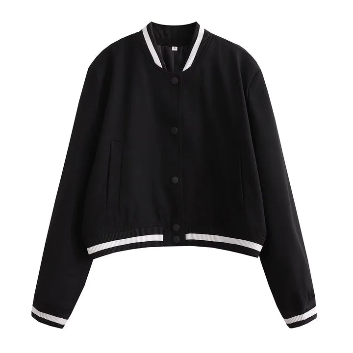 Women's Cropped College Bomber Jacket with Striped Ribbed Cuffs and Snap Button Closure Mune Fashion