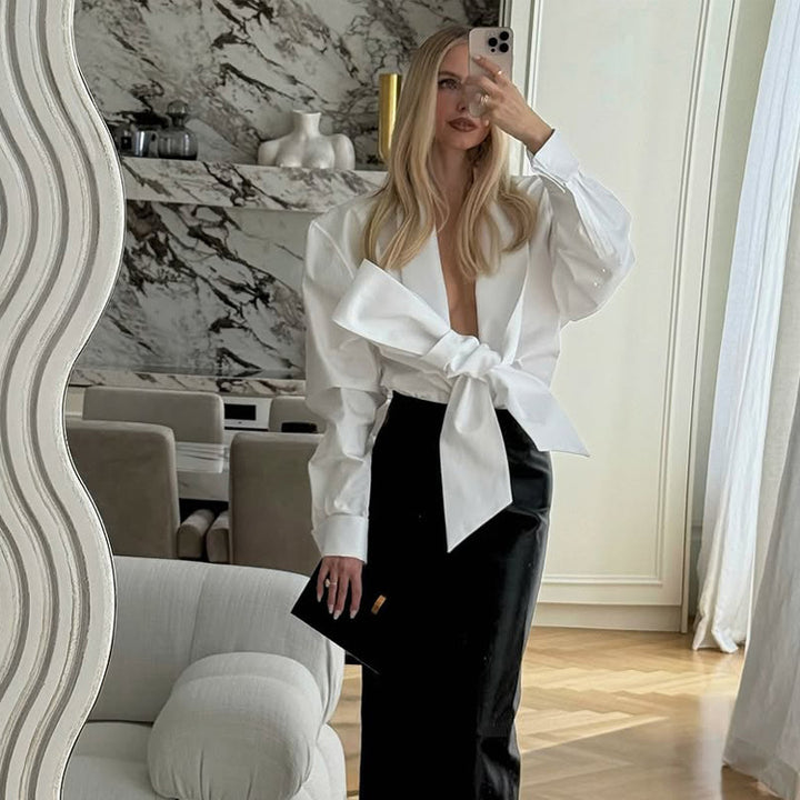 Women Tailored Blouse with XXL Volume Sleeves and Front Knot Mune Fashion