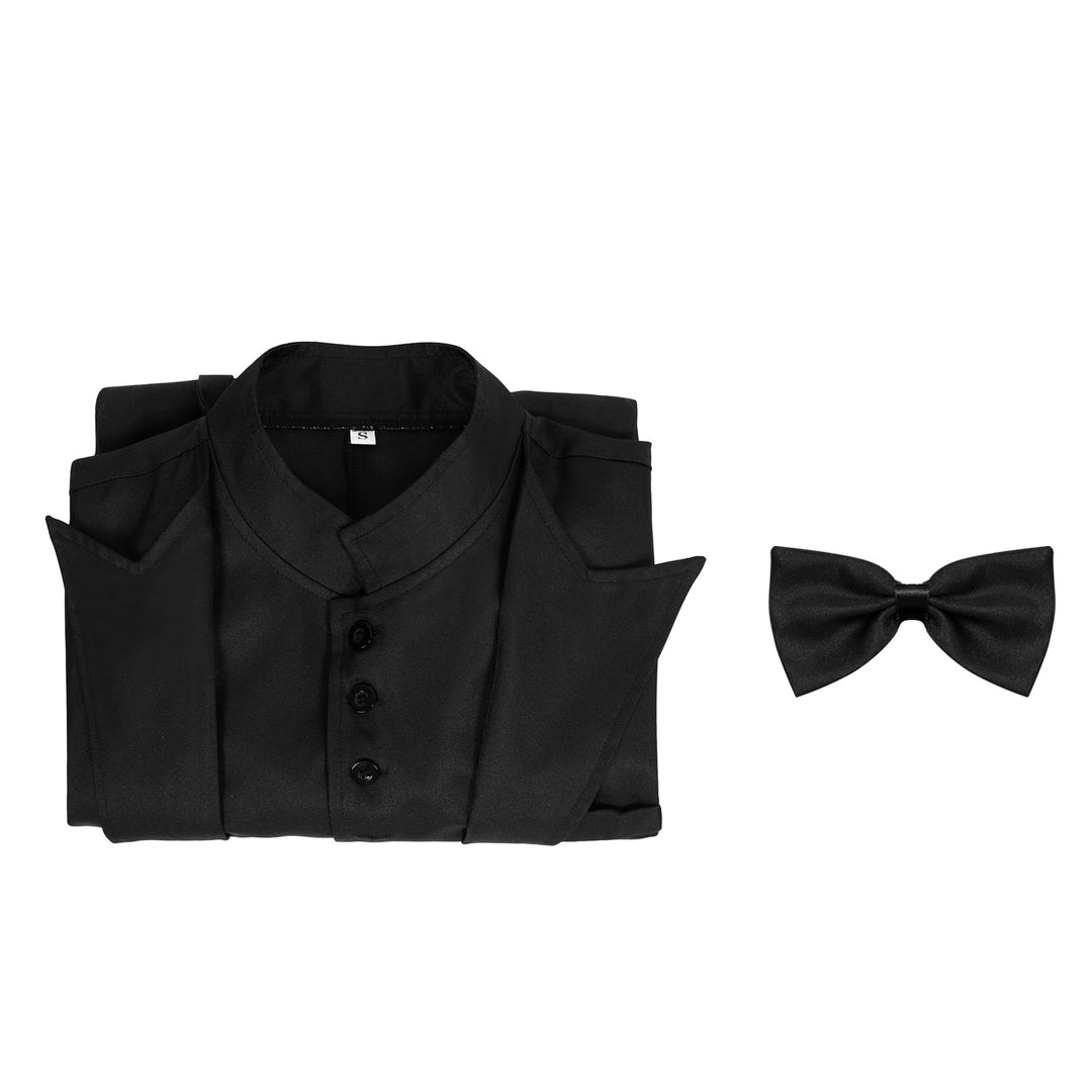 Men's dress shirt with concealed button placket, stand-up collar, and matching bow tie Mune Fashion