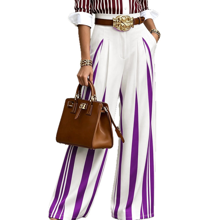 Women's High-Waisted Wide Palazzo Pants with Vertical Stripes and Pleats Mune Fashion