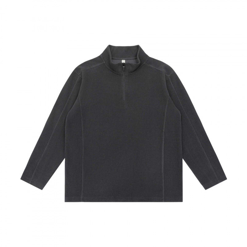 Unisex Textured Half-Zip Knit Sweater in Boxy Cut with Stand-up Collar Mune Fashion