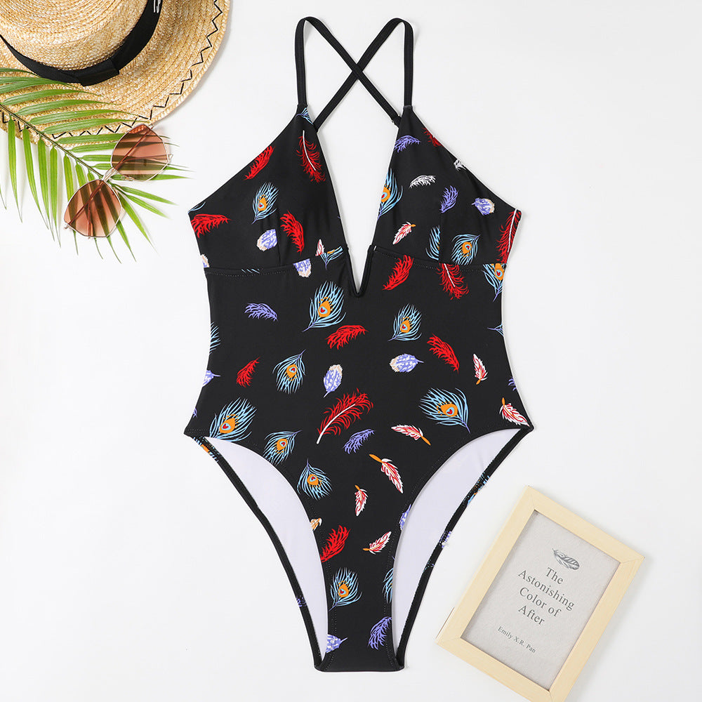 Women's one-piece swimsuit with deep V-neck and trendy feather design Mune Fashion
