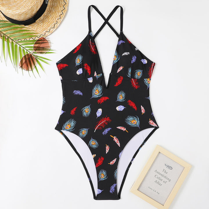 Women's one-piece swimsuit with deep V-neck and trendy feather design Mune Fashion
