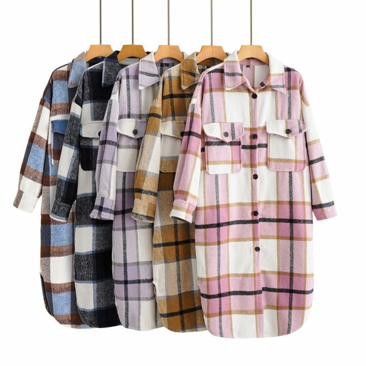 Women's Oversized Checkered Longline Shirt with Chest Pockets Mune Fashion