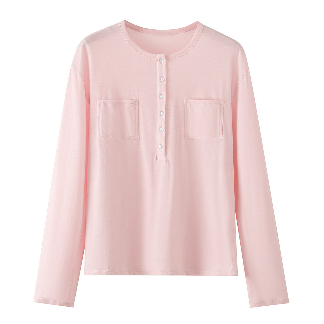 Women's Long Sleeve Henley Shirt with Button Placket and Attached Chest Pockets Drune