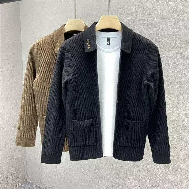 Men's Structured Knit Transitional Jacket with Shirt Collar and Patch Pockets Mune Fashion