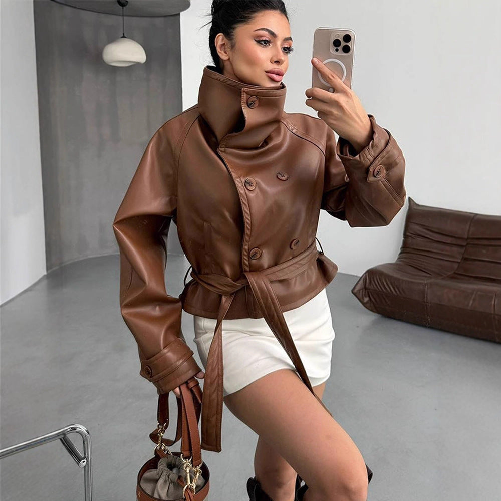 Women Tailored Short Blouson Jacket made of Imitation Leather with High Stand-up Collar and Ties Belt Mune Fashion