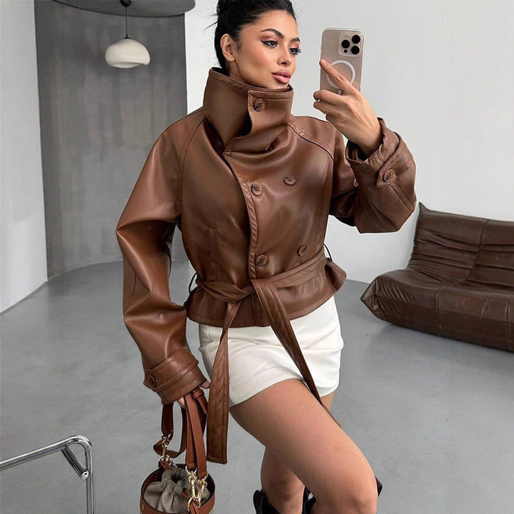 Women Tailored Short Blouson Jacket made of Imitation Leather with High Stand-up Collar and Ties Belt Mune Fashion