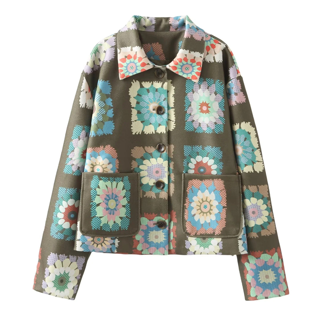 Women's patterned short boxy jacket with floral patchwork squares Mune Fashion