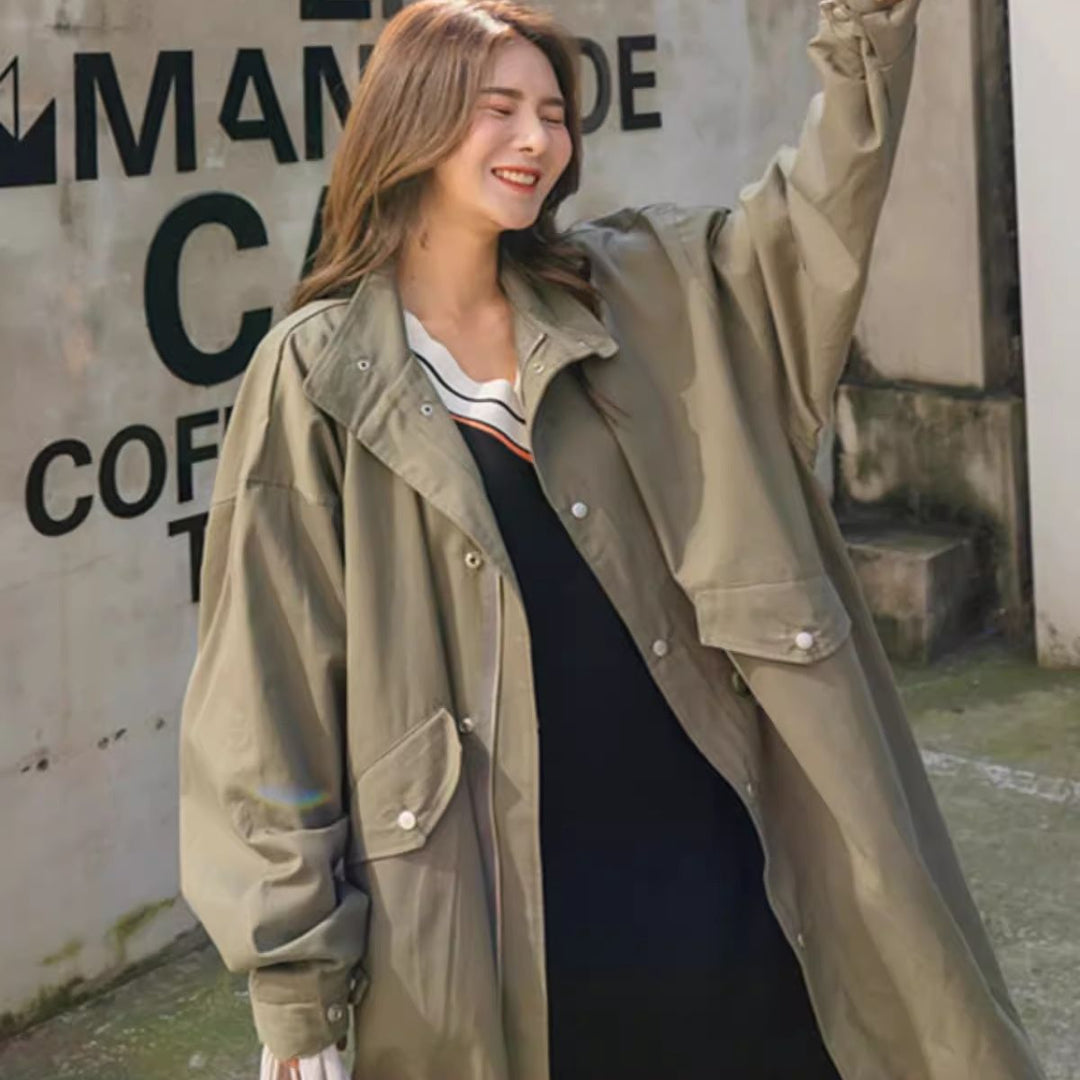 Women's Long Oversize Windbreaker in Utility Look with Flap Pockets Mune Fashion