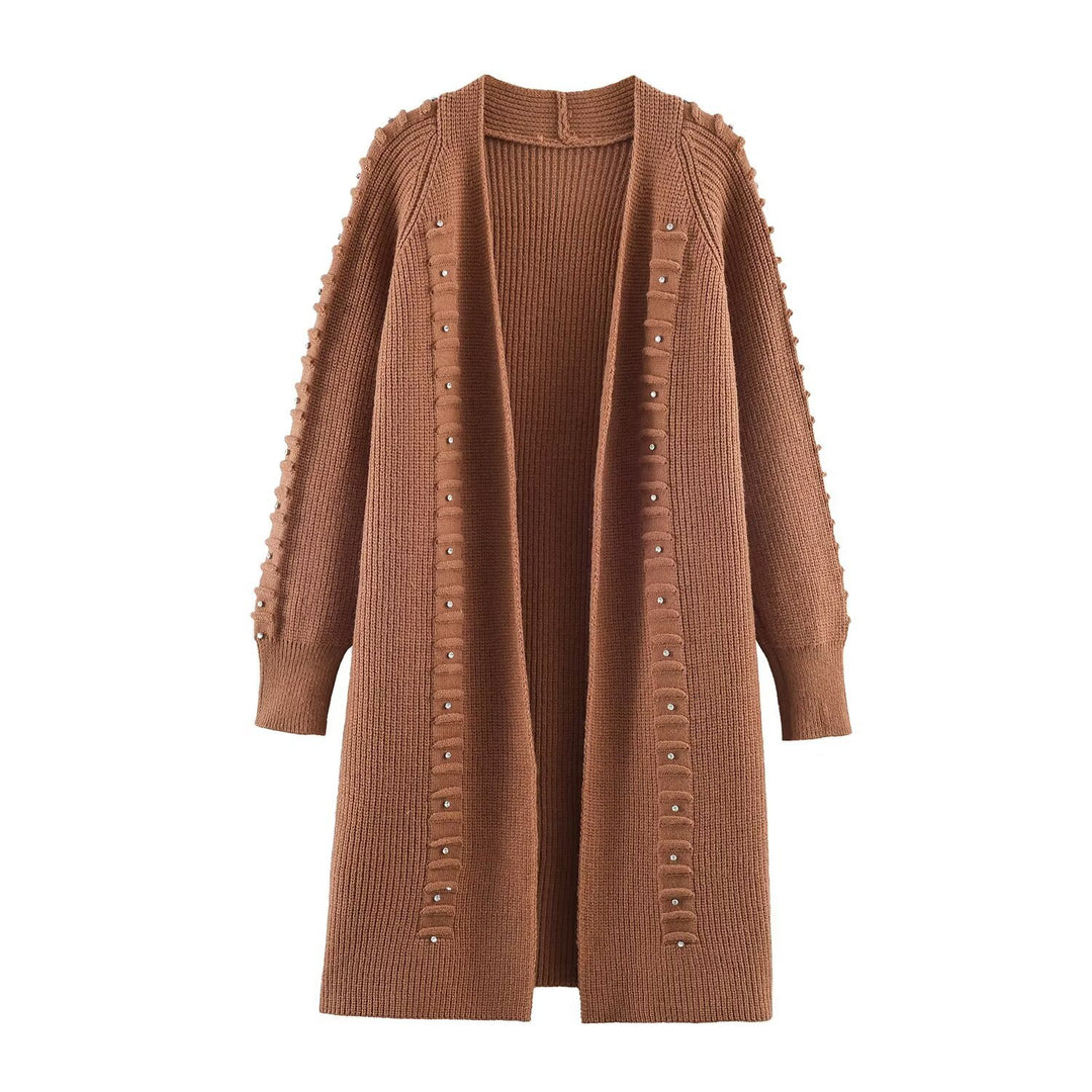 Women Longline Knit Cardigan with Bead and Ruffle Detail Open Front Mune Fashion