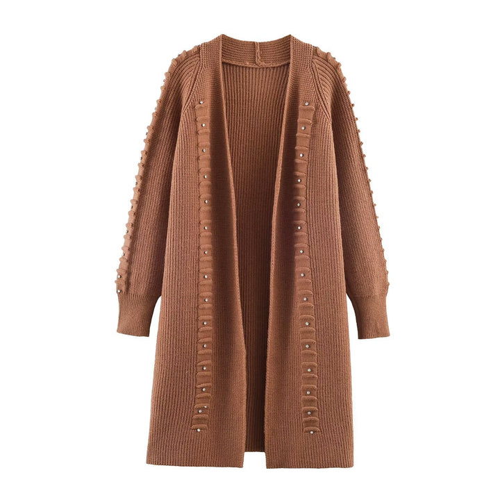 Women Longline Knit Cardigan with Bead and Ruffle Detail Open Front Mune Fashion