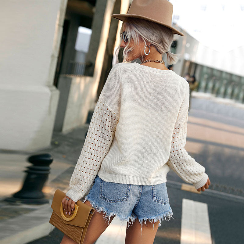 Women fine knit pullover with lace pattern sleeves and casual oversized fit Mune Fashion