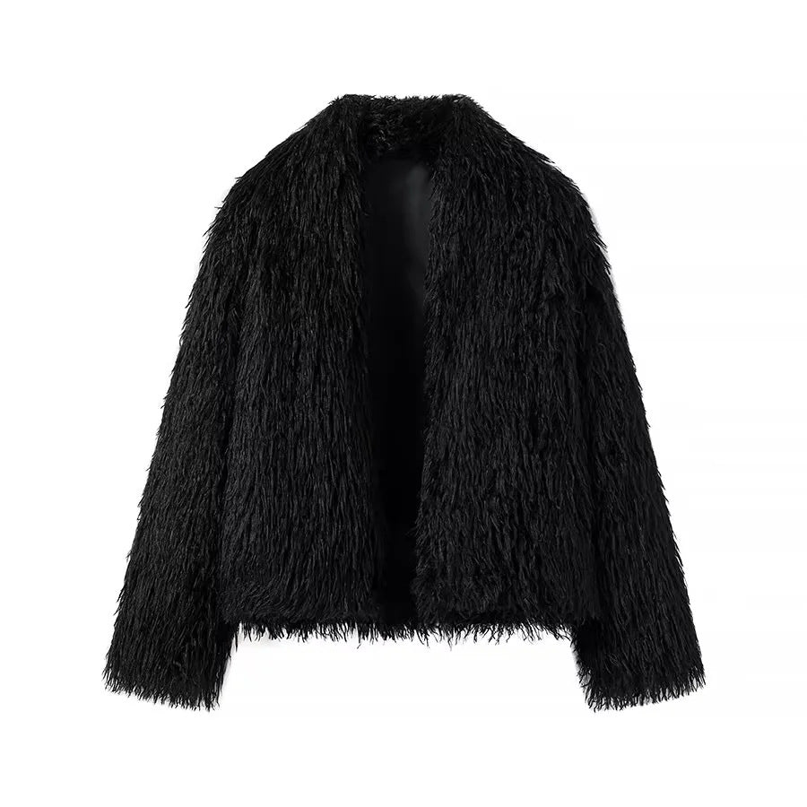 Women's short faux fur jacket with open cut and voluminous long hair look Mune Fashion