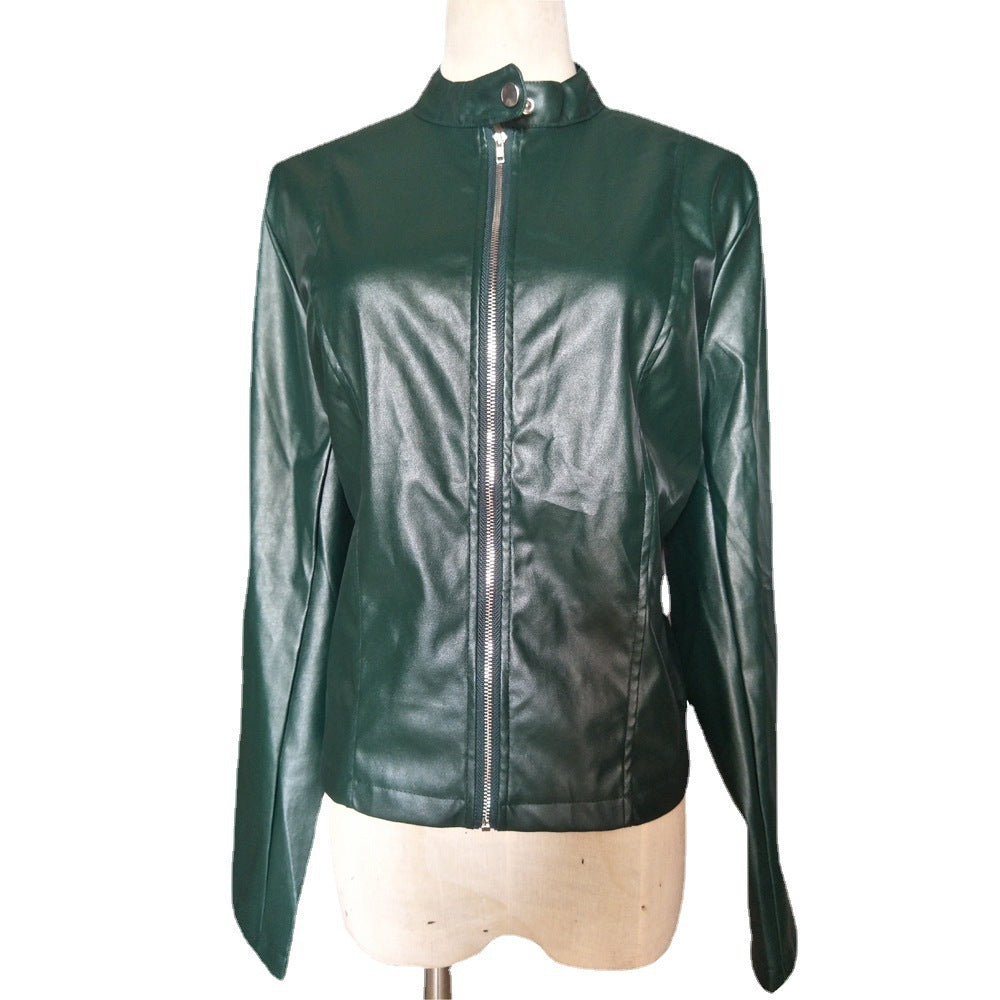 Ladies fitted faux leather biker jacket with stand-up collar and decorative seams Mune Fashion